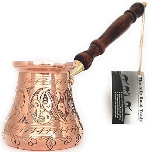 Solid Copper Engraved and Hammered Turkish Greek Arabic Coffee Pot Wooden Handle