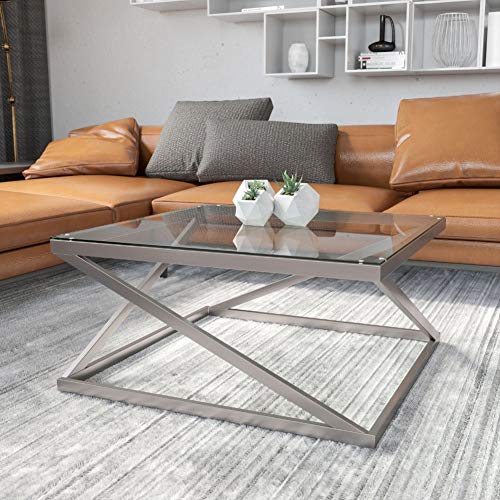 Brushed Nickel Finish Glass Top Square Coffee Table