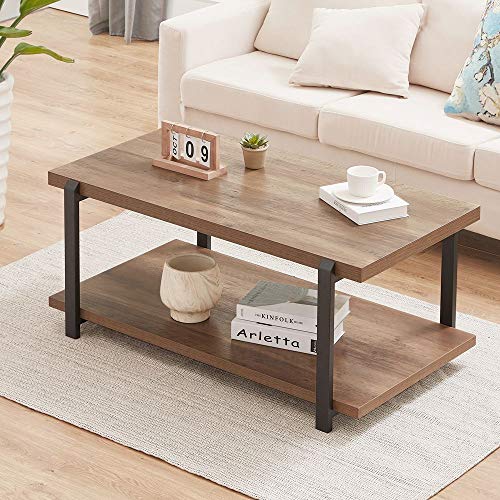 Industrial Coffee Table with Shelf, Wood and Metal Rustic