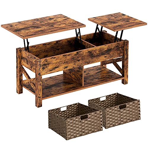 Coffee Table with Rattan Baskets and Hidden Compartment