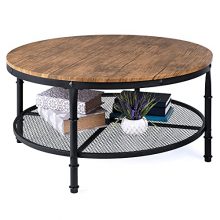 Rustic Steel Round Industrial Coffee Table w/Wooden Tabletop