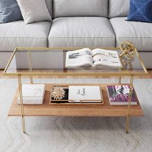 Mid-Century Glass Top Coffee Table with Rustic Oak Shelf and Brass Metal Legs – Perfect for Living Rooms and Small Spaces