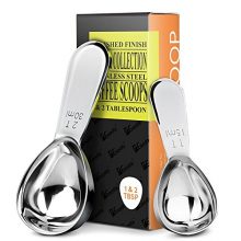 Stainless steel coffee scoops set – 1 tbsp & 2 tbsp ergonomic measuring spoons with engraved markings.