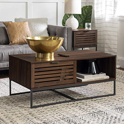 Dark Walnut Wood Rectangle Coffee Table with Drawer