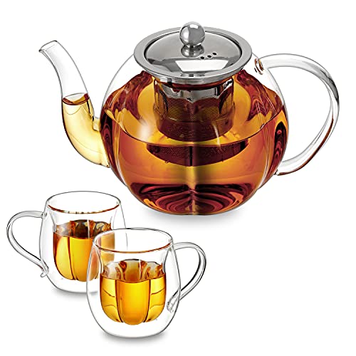 Glass Tea Kettle Pot with 2 Double Wall Glass Cups