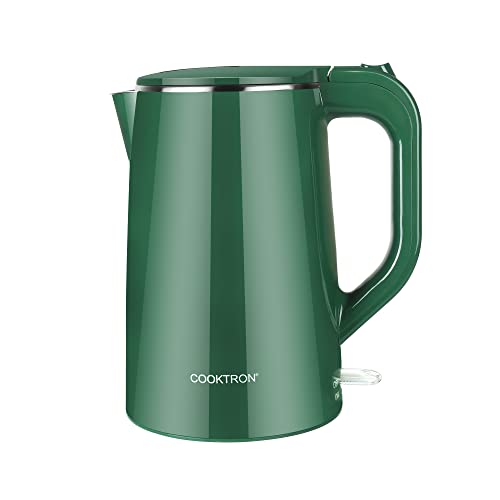 Effortless Brewing with 1.7L Quiet Electric Kettle - Double Wall, BPA-Free, Auto Shut-Off, 1500W Fast Boiling - Cool Touch, Cordless Design in Dark Green.