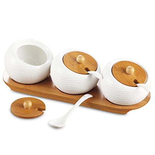 Porcelain Spice Jar Set with Bamboo Caps and Serving Spoons - Includes Wooden Tray - Perfect for Storing Sugar, Spices, Espresso, Tea, and More (170 ML/5.8 OZ).