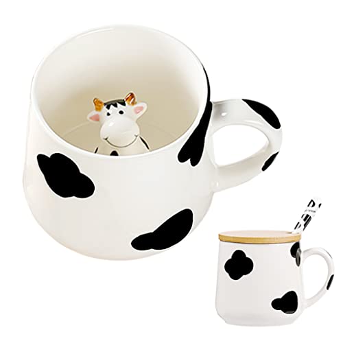 Cute Ceramic Cow Coffee mug Tea Cup With Spoon Lid Cute Stuff Funny Cool Mug Christmas Birthday Novelty Items For Girlfriend Boyfriend Ladies Lady Child (Cow).
