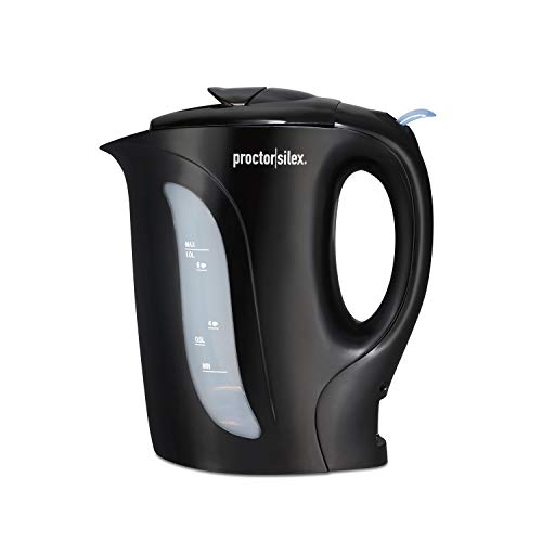 Effortlessly Boil Water with Proctor Silex Electric Kettle - 1000W Power, 1L Capacity, Auto-Shutoff & Boil-Dry Safety, Sleek Black Design.
