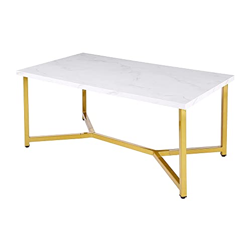 Life Idea Marble Gold Mid Century Modern Rectangle Coffee Table, White.