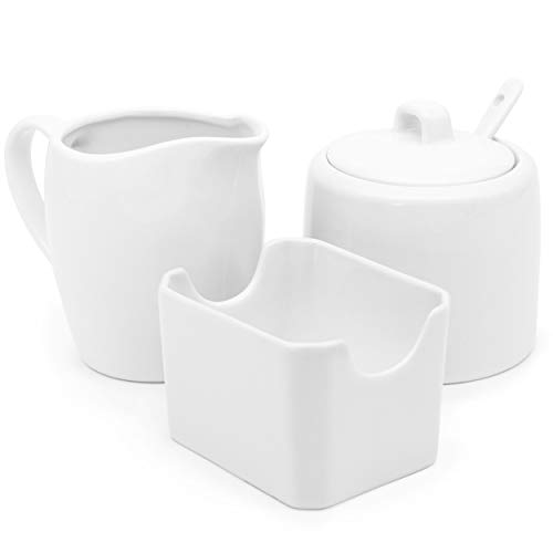 Kook Sugar and Creamer Set, 3 Piece, Traditional White Ceramic Coffee Bar Collection