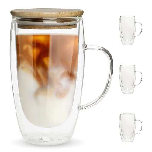 Double Walled Glass Espresso Mugs By Chef"s Distinctive Insulated Espresso Mugs With Deal with And Bamboo Lid , Clear Glass Cups For Espresso Tea Latte Cappuccino Espresso 16 OZ (Set of 4).