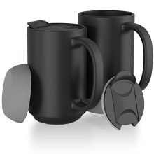 Set of 2 Black Ceramic Travel Mugs with Lid and Removable Silicone Base - 17oz Togo Coffee Cups with Waterproof Silicone Bottom, Dishwasher Safe.