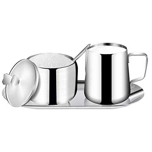 Coffee Serving Set with Stainless Steel Sugar Bowl, Creamer, Spoon, and Tray - Perfect for Coffee Bars and Home Use.