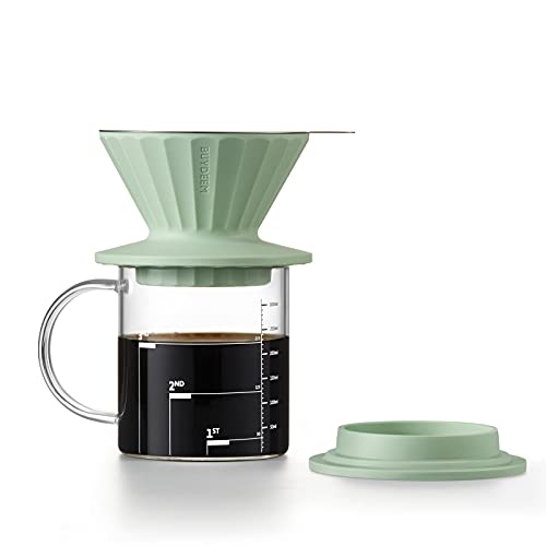 Pour Over Coffee Maker, BUYDEEM CD1024B, BPA Free Meals Grade Silicone Coffee Dripper Set, Reusable Stainless Metal Coffee Filter for Single Cup, Good for Residence, Journey, Out of doors 12 oz, Cozy Greenish