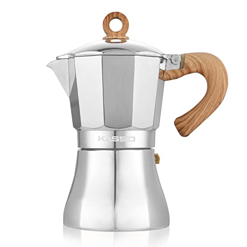 6 Cup Aluminum Moka Pot for Home and Camping - Easy Operation & Quick Cleanup - Silver and Burlywood