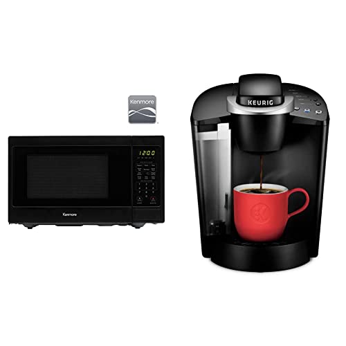 Compact Kitchen Combo: Kenmore 0.9 cu. ft Microwave and Keurig K-Classic Coffee Maker in Black.