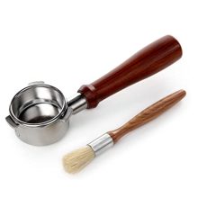 Rosewood-handled Bottomless Portafilter for Breville Machines with Stainless Steel Espresso Basket and Bonus Brush from Naked Coffee.