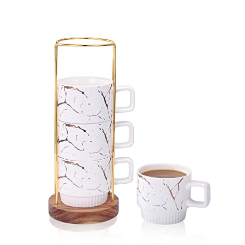 Porcelain Large Stackable Coffee Mug Set with Rack and Picket Base,Marble Sample Hand-crafted Coffee Cup Set,11Oz for Coffee, Tea, Cocoa, Milk, Set of 4 (Elegant White).