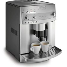 De'Longhi Magnifica Super Automatic Espresso & Coffee Machine in Moonlight Silver with patented cappuccino frother and direct-to-brew system, complete with included accessories.