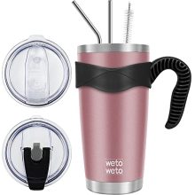 20oz Rose Gold Stainless Steel Tumbler with Handle, 2 Lids and Straws - Vacuum Insulated Travel Mug.