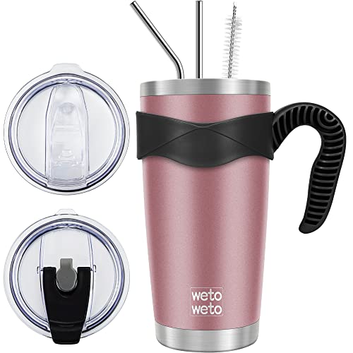 20oz Rose Gold Stainless Steel Tumbler with Handle, 2 Lids and Straws - Vacuum Insulated Travel Mug.