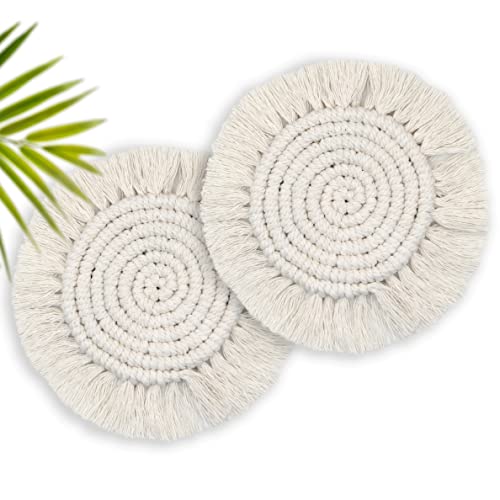 Set of 2 Absorbent Drink Coasters for Wooden Tables, Boho Farmhouse Style, Suitable for Various Mugs and Cups, Round Shape in Beige Color.