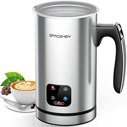 Touch Screen Electric Milk Frother: Spacekey 4-in-1 Hot/Cold Foam Maker, 10oz/300ml Stainless Steel, Auto Foam Maker for Latte, Cappuccino, Chocolate Milk, with Buzzer, Silver.