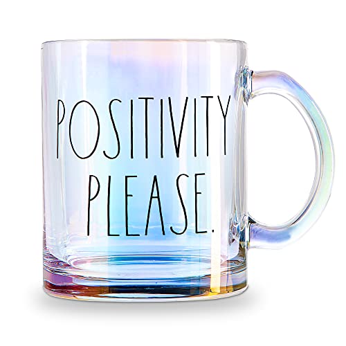 Elevate Your Sipping Experience with Rae Dunn Clear Glass Coffee Mugs - 16oz 'Positivity Please' Cups for Colorful Tea, Lattes, and Hot Chocolate