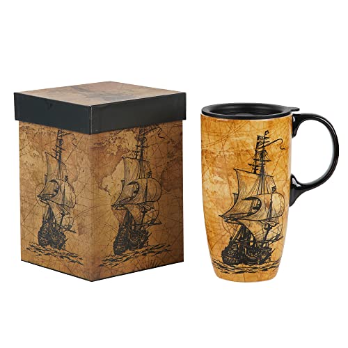 Ceramic Mugs Porcelain Latte Tea Cup Coffee Mug with Gift Field, 17oz, Sailing Ship.
