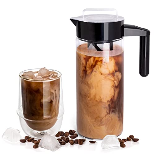 Mixpresso 44 oz Cold Brew Maker Glass Pitcher for Iced Coffee and Tea with Tea Infuser for Loose Leaf Tea - Large Iced Coffee Maker in Black Color.