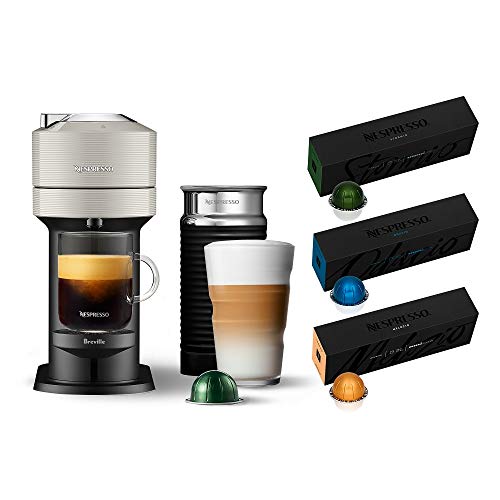 Enjoy Coffee and Espresso in Style with Breville's New Nespresso Vertuo Next Machine and Aeroccino, Complete with 30 Count Nespresso Capsules.