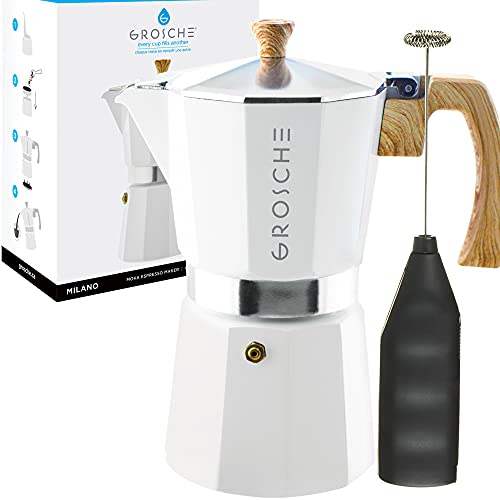 Milano 9-Cup Stove Top Espresso Maker & Battery Operated Milk Frother Bundle - White.