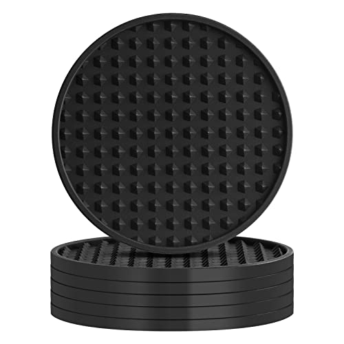 Non-Slip Silicone Coasters for Drinks: Set of 6 Black Coasters with Grooved Design and Universal Fit for Drinking Glasses, Protect Tabletops with Slip-Resistant Base.