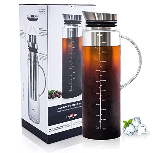  Capacity Cold Brew Coffee Iced Tea Maker & Fruit Pitcher with Durable Glass Carafe, Fine Mesh Steel Infuser, and Airtight Lid.