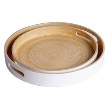 Set of 2 Bamboo Serving Trays with Handles - Round Shallow Rustic Trays for Coffee Table, Tea, Meals, Cocktail, Ottoman, and Breakfast Party, Natural Bamboo Wood with Matte White Finish.