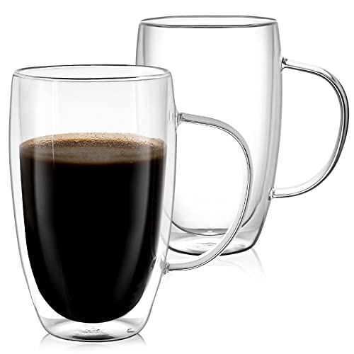 16 oz Double Wall Glass Espresso Mugs, Set of two Insulated Glass Espresso Cups With Deal with, Giant Clear Glass Espresso Mugs, Good for Espresso, Cappuccino, Tea, Latte, Scorching Beverage, Wine, Microwave Secure.