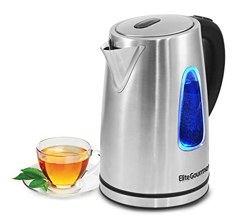 Elite Gourmet EKT-1271 Electric Kettle - Stylish Stainless Steel Design with Cordless 360° Base and Blue LED Light - Auto Shut-Off Function for Safety - Quickly Boil Water for Tea and More - The Ultimate Kitchen Essential!