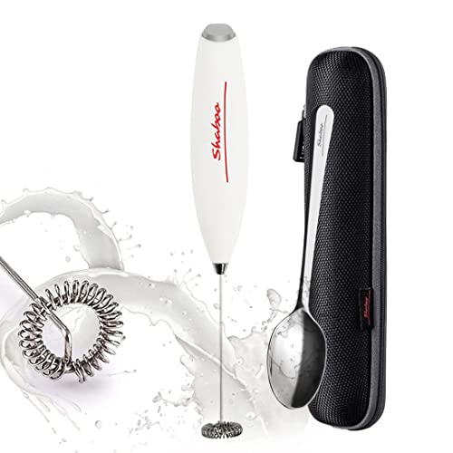 Shaboo Handheld Milk Frother for Coffee, Espresso, Cappuccino, and More - Includes Case and Spoon (White)