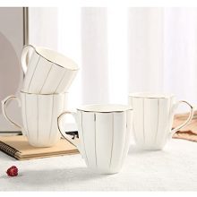  (13.5oz) - Handcrafted Golden Trims - 1st-Class Bone China White and Gold Cup Set for Coffee, Tea & Milk - Attractive & Sleek Fine Porcelain Cups.