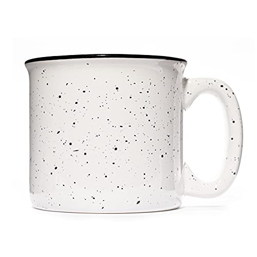 Ceramic Campfire Coffee Mug - Speckled Traditional Tea Cup - Tenting, Out of doors Rustic Design - Durable Thick Walled House Fashion Drinkware 15oz (White).