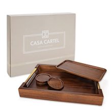 Contemporary Rustic Serving Tray Set - Luxury Acacia Wood Tray with Handles for Indoor & Outdoor Use, Includes Large and Small Serving Boards and 4 Coasters, Perfect for Gifting!