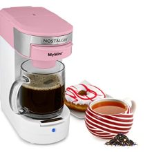 Compact MyMini Single Serve Coffee Maker in red with stainless steel accents, featuring a reusable filter basket and a hot water dispenser. Ideal for brewing up to 14 ounces of coffee or hot water for tea and instant soups.
