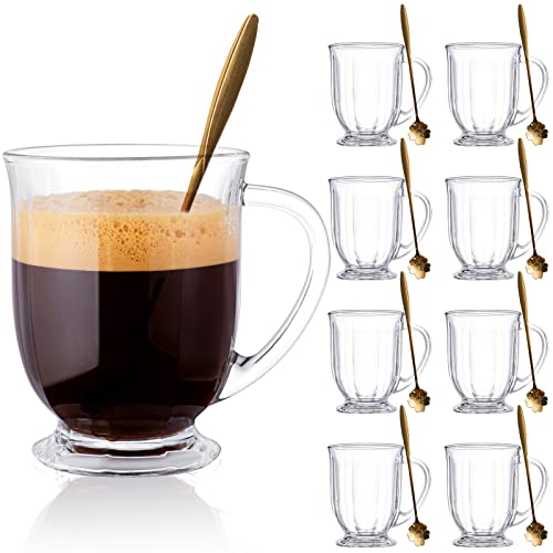 Elevate Your Coffee with Claplante's Set of 8 Large Capacity Glass Coffee Mugs with Handles and Spoons - Good for Latte, Espresso, Juice, and Tea