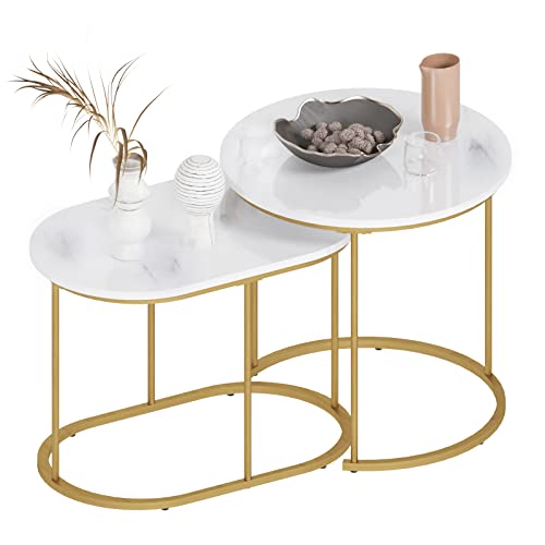 Round Nesting Table Set of two, Stacking Facet Round Tables, Golden Colour Nesting Finish Table with Marble Pattern Wood for Dwelling Room Balcony Workplace.