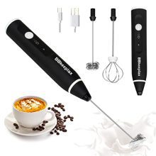 Milk Frother Handheld Foam Maker USB-Rechargeable Drink-Mixer with 2 Stainless Whisks 3-Speed Adjustable Coffee Frother for Cappuccinos, Hot Chocolate, Milkshakes, Egg Mix (Black)