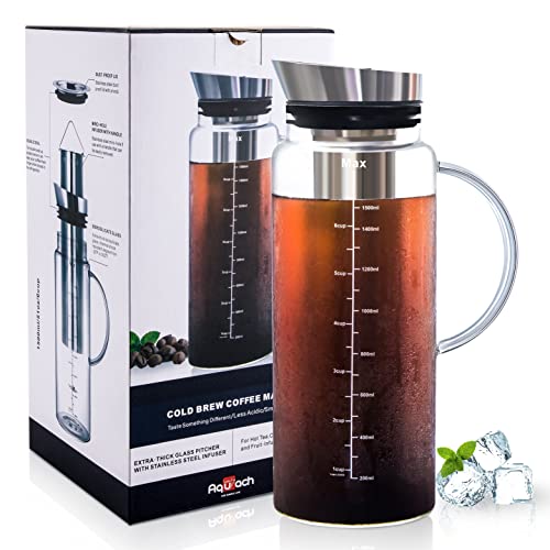 Enjoy Refreshing Cold Brew Coffee and Iced Tea with our Large Capacity 51oz Maker & Fruit Pitcher - Durable Glass Carafe, Fine Mesh Steel Infuser, and Airtight Lid.