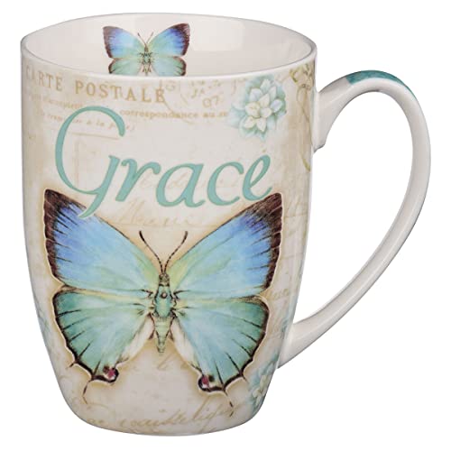 Grace Butterfly Mug – Botanic Teal and Blue Butterfly Coffee Mug w/ Ephesians 2:8, Bible Verse Mug for Girls and Males – Inspirational Coffee Cup and Christian Presents (12-ounce Ceramic Cup).