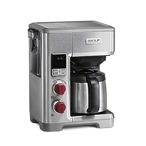Wolf Connoisseur Programmable Coffee Maker System with 10 Cup Thermal Carafe, Constructed-In Grounds Scale, Detachable Reservoir, Purple Knob, Stainless Metal.