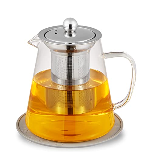 Elevate Your Tea Time: 950ml Glass Teapot Kettle with Removable Stainless Steel Infuser & Matching Silicone Coasters - Stovetop & Microwave Safe for Loose Leaf Tea and Blooming Tea